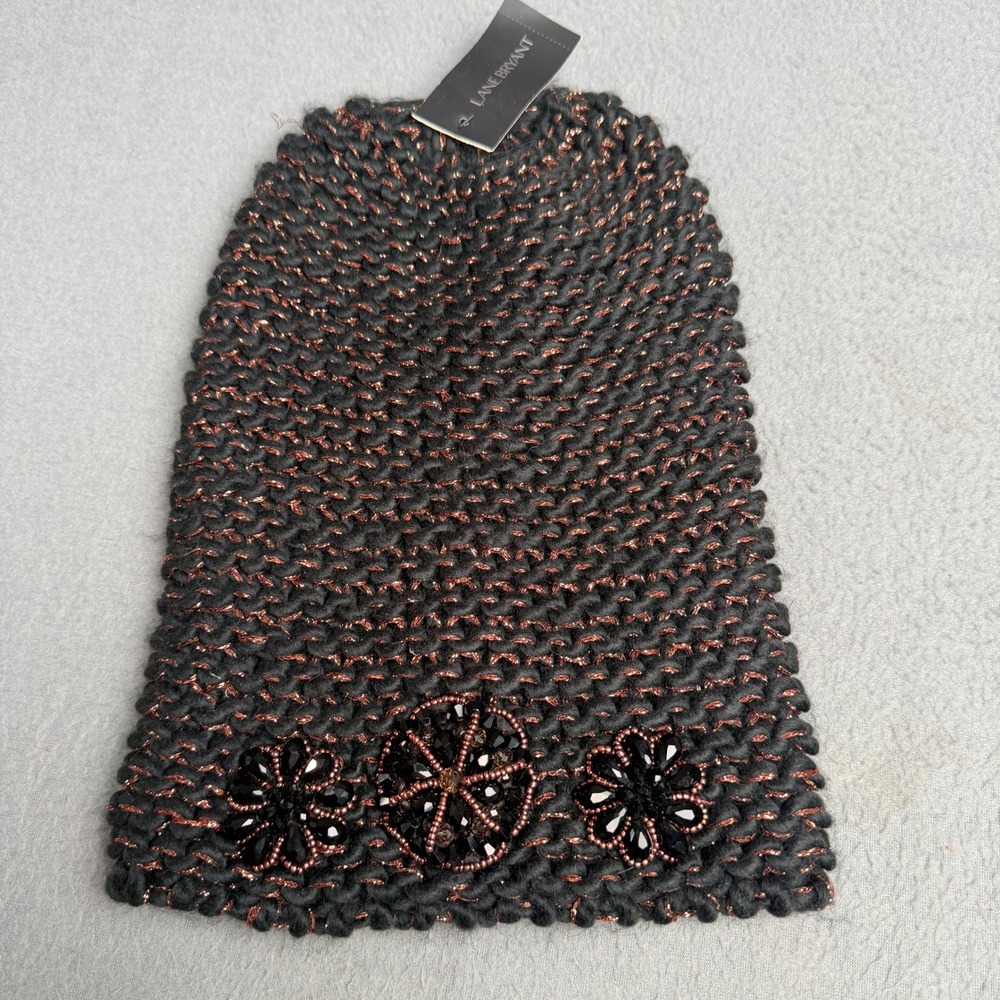 Lane Bryant Black Copper Metallic Beaded Floral Knitโ Beanie Hat NWT